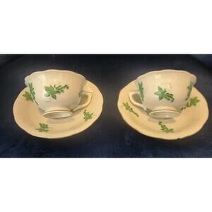 Herend Vine Leaf Demitasse Cups & Saucers Green Grapevine Gold Trim HungaryChips